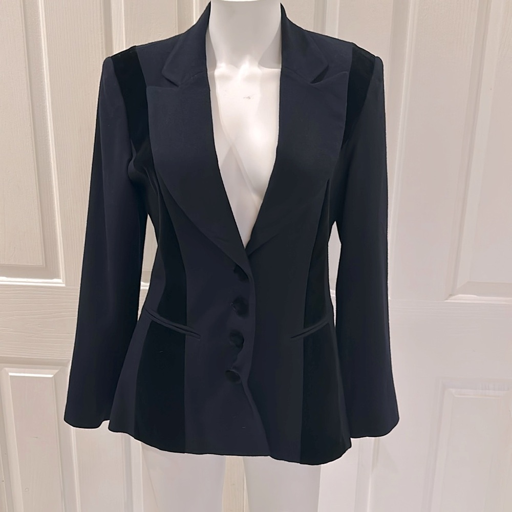 Neiman Marcus Black Tailored Velvet-Accent Blazer